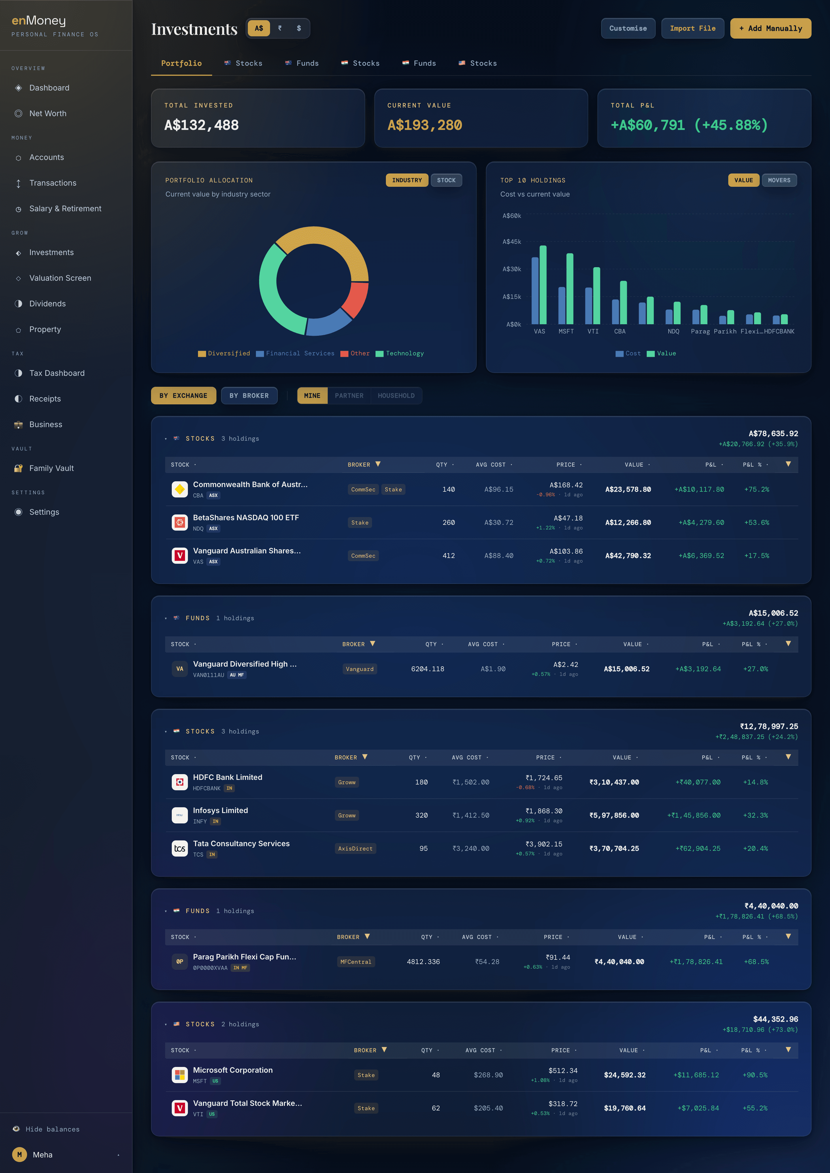 The enMoney investments screen